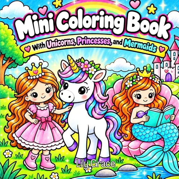 Mini Coloring Book with Unicorns, Princesses & Mermaids by Lily Grace, cover